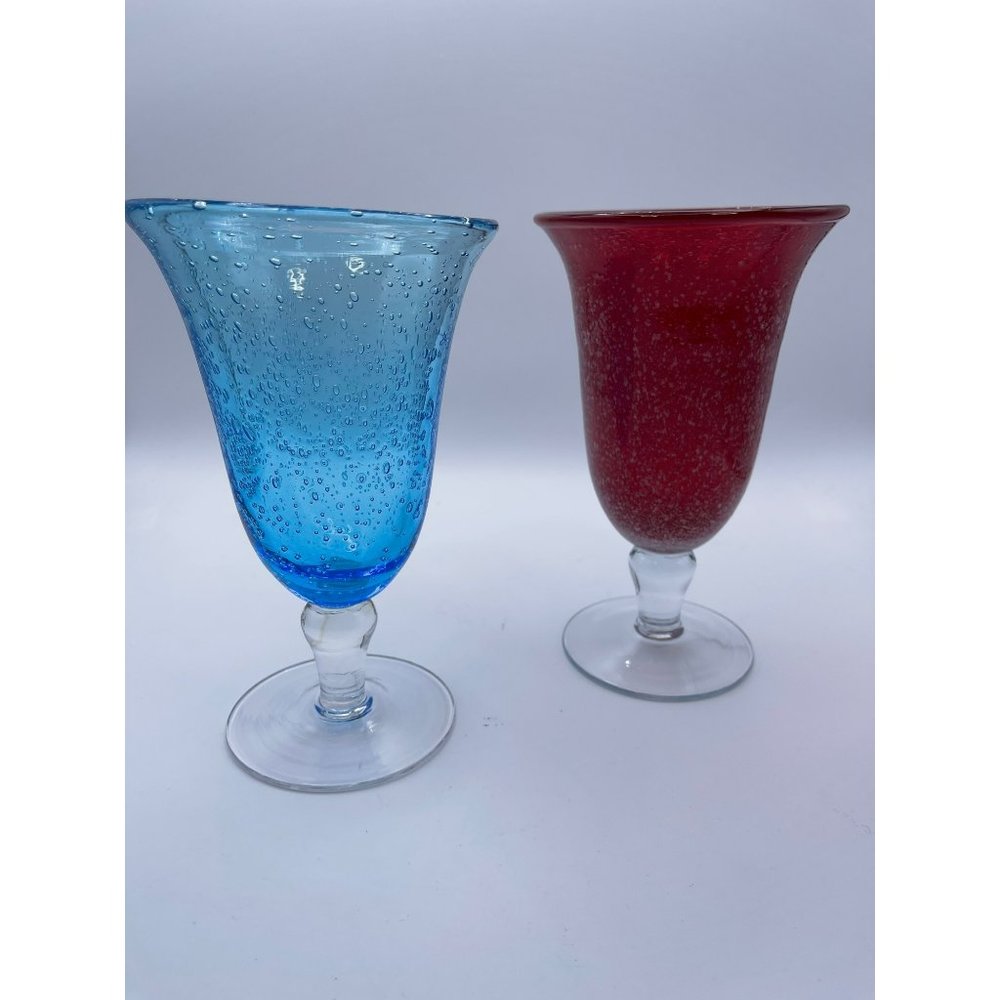 Hand Blown Goblets Set of (2), Red & Blue, 7 1/2” Tall, Hand -Crafted